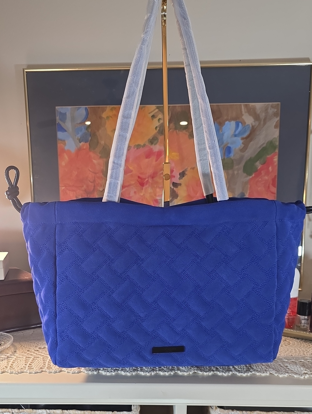 Kurt Geiger Blue Quilted Leather Suede Tote Bag Double Handle Shoulder Bag Soft - Picture 3 of 14